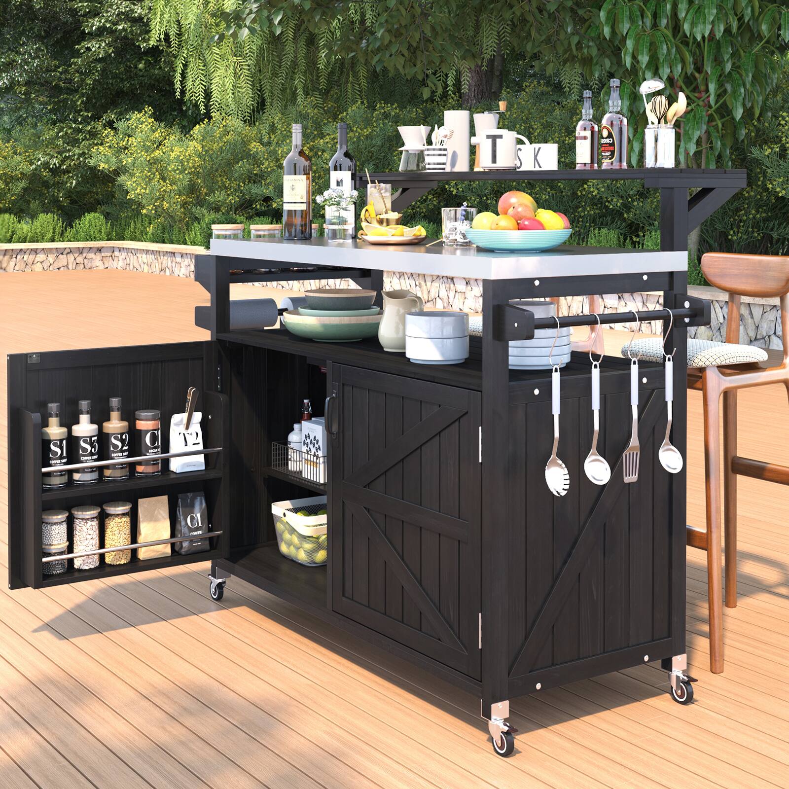 Alt View 9. Chateau Abodes - 53.3" Outdoor Kitchen Island with Raised Shelf, Solid Wood Cabinet & Stainless Steel Top, Adjustable Shelf, Spice Rack - Black.