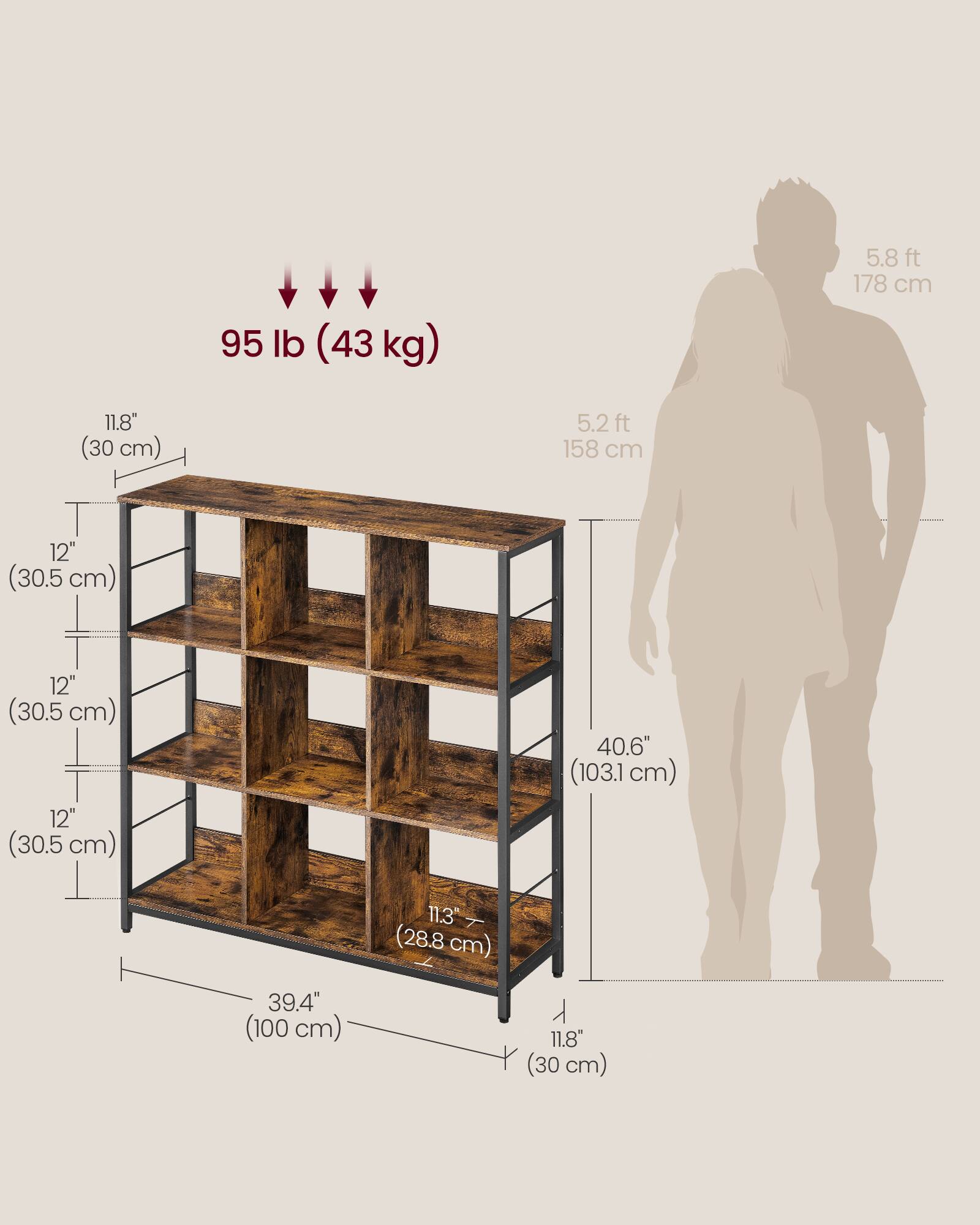 95 lb (43 kg)  
5.8 ft (178 cm)  
5.2 ft (158 cm)  

11.8" (30 cm)  
12" (30.5 cm)  
12" (30.5 cm)  
12" (30.5 cm)  
40.6" (103.1 cm)  
11.3" (28.8 cm)  
39.4" (100 cm)  
11.8" (30 cm)
