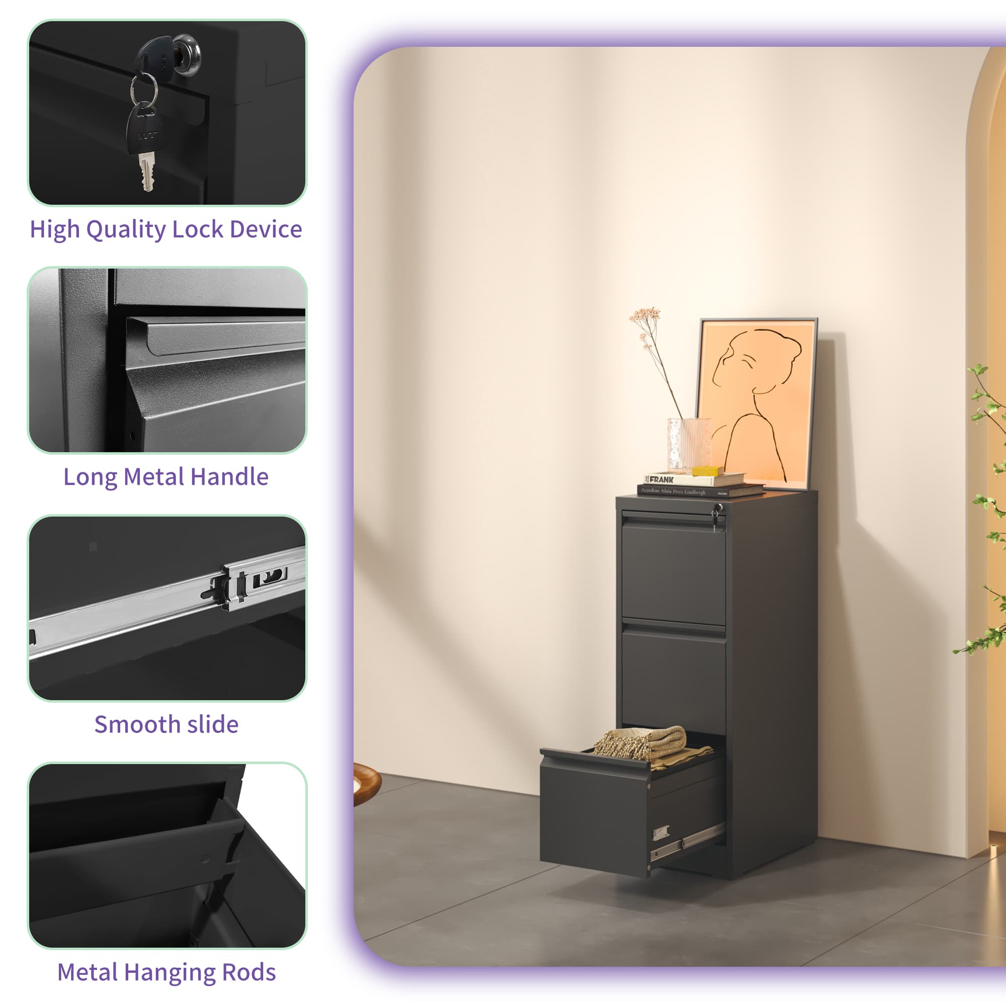 High Quality Lock Device  
Long Metal Handle  
Smooth slide  
Metal Hanging Rods