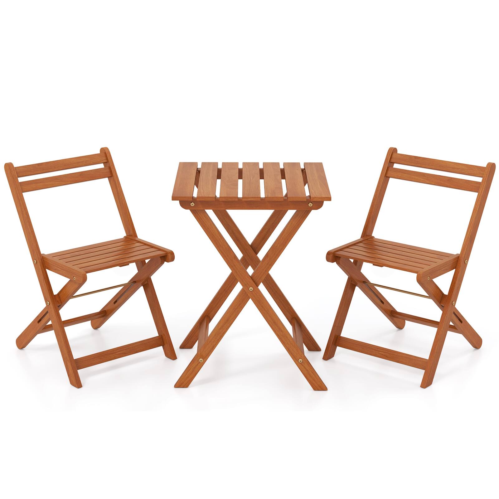 Alt View 9. Gymax - Gymax 3 PCS Outdoor Wood Bistro Set w/ 2 Folding Chairs & Dining Table for Backyard - Teak Oil Finish.