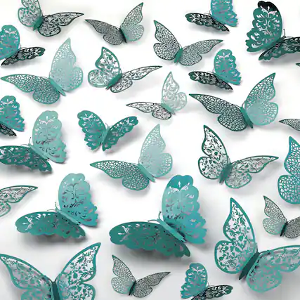 Front. Zulay Kitchen - Zulay Home Removable DIY 3D Butterfly Wall Decor - 48pcs Butterfly Decor with 3 Wing Designs - Metallic Turquoise.