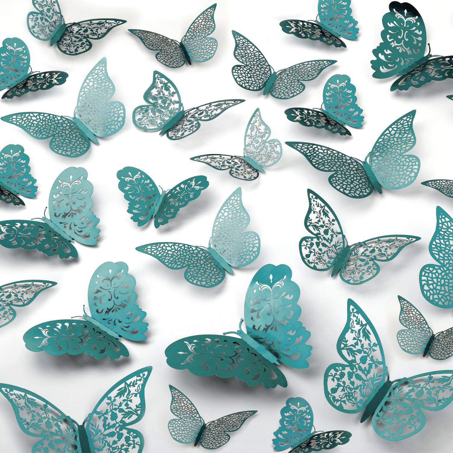 Front. Zulay Kitchen - Zulay Home Removable DIY 3D Butterfly Wall Decor - 48pcs Butterfly Decor with 3 Wing Designs - Metallic Turquoise.
