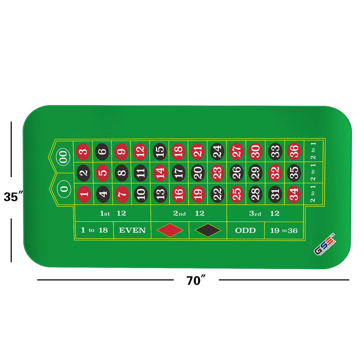 35" 00 0 3 6 12 15 2 5 8 11 14 1 4 7 10 13 1st 12 1 to 18 EVEN 18 17 16 2nd 21 20 19 12 24 23 22 27 30 26 29 25 28 3rd ODD 33 36 32 35 31 34 12 19 to 36 2 to 12 70"