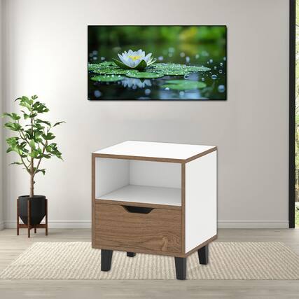 Front. Hivvago - Contemporary Night Table with Drawer and Accessible Storage Shelf - Natural and White.