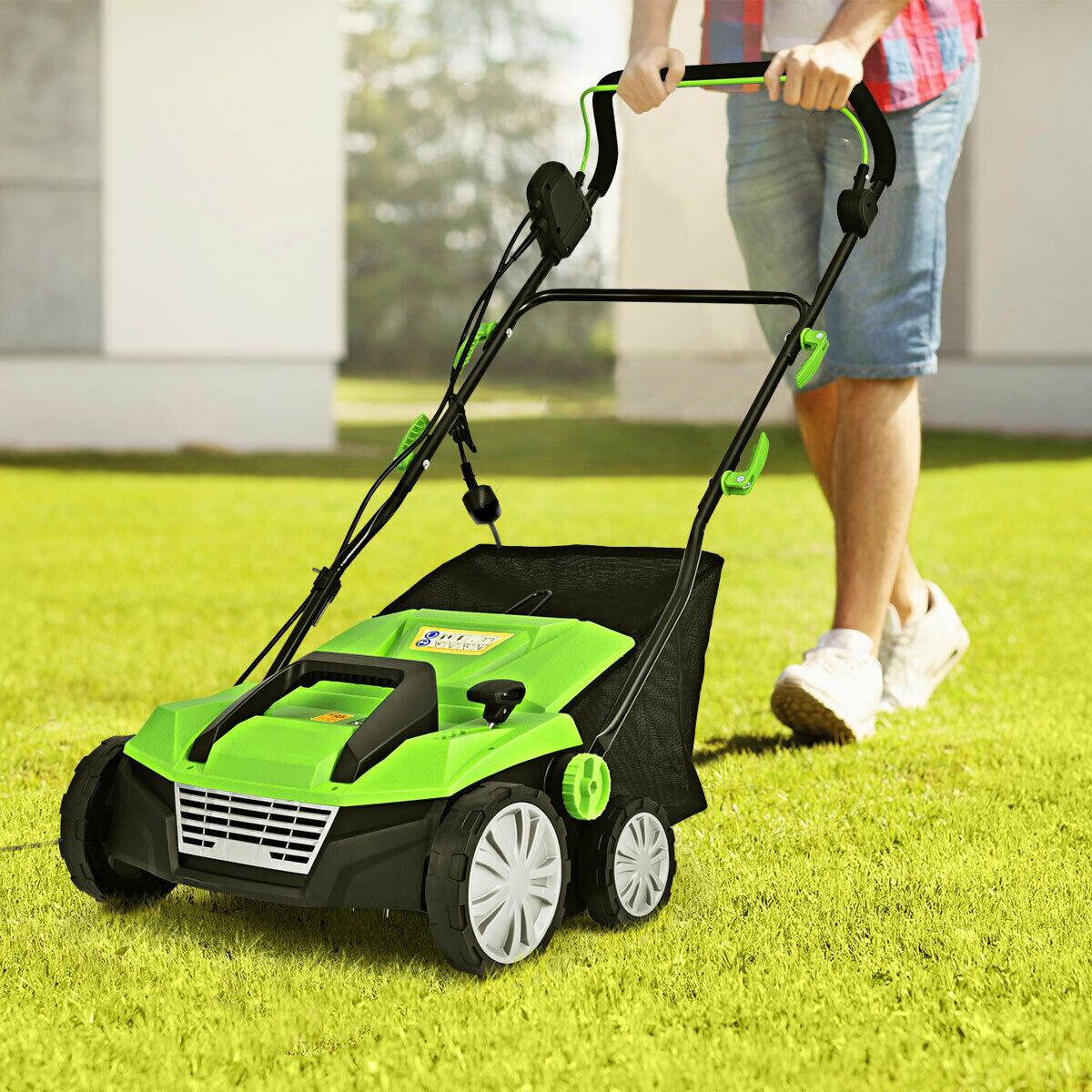 Angle. Sugift - 15 Inch 13 Amp Electric Scarifier with Collection Bag and Removable Blades - Green.