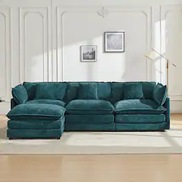 KERDOM - Modular Sleeper Sofa Bed Chaise Longue Anti-Cat Scratch Chenille Cloth, 3 Seat Convertible Sectional L Shaped Sofa Couch - Green + 1 Ottoman