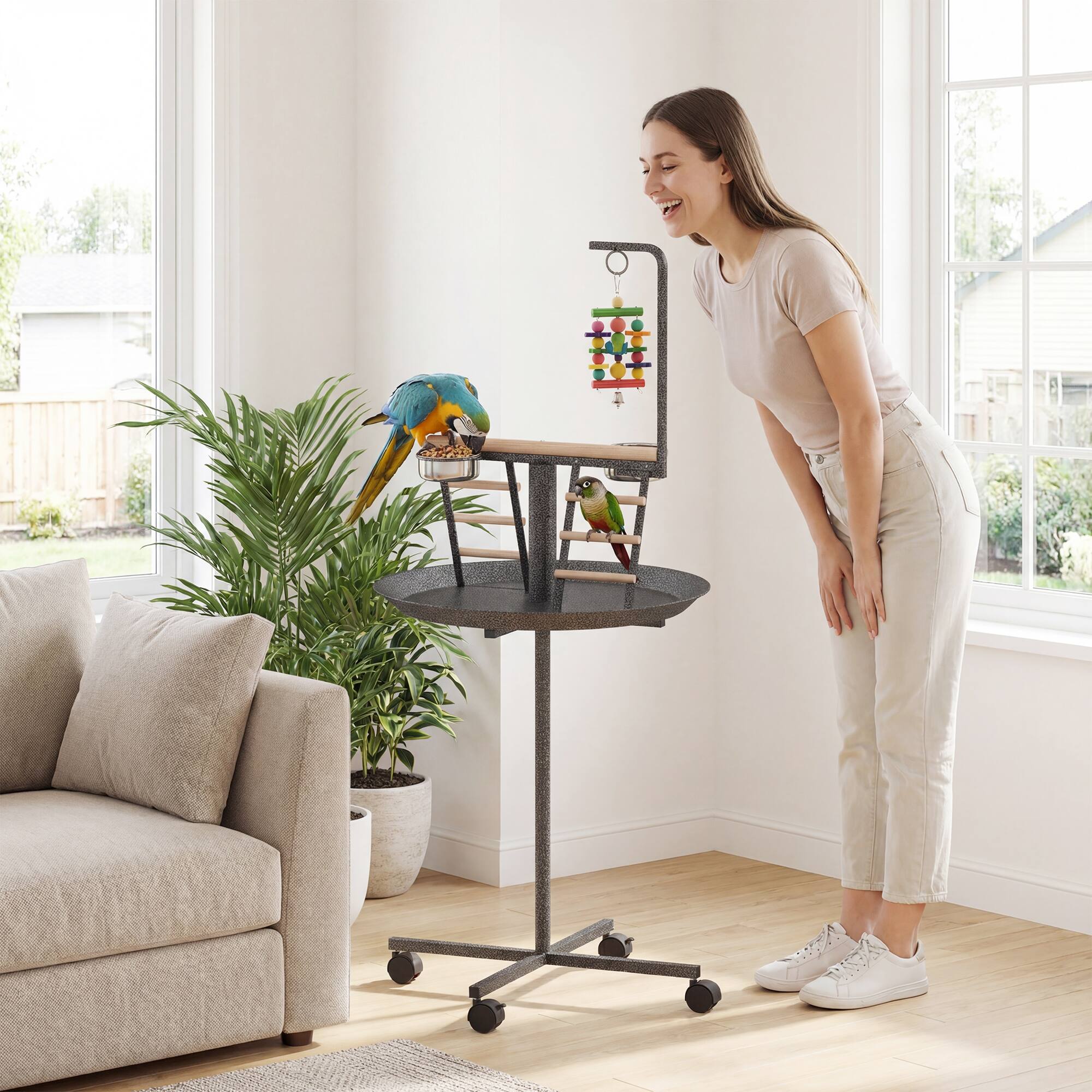 Alt View 7. Pawhut - Stand with Wheels Parrot Play Stand with Round Tray Stainless Steel Feed Bowls Indoor Outdoor Dark - Dark Gray, Natural Wood.