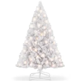 Sweetcrispy - Pre-lit Hinged Artificial Christmas Tree with Warm LED Lights - White