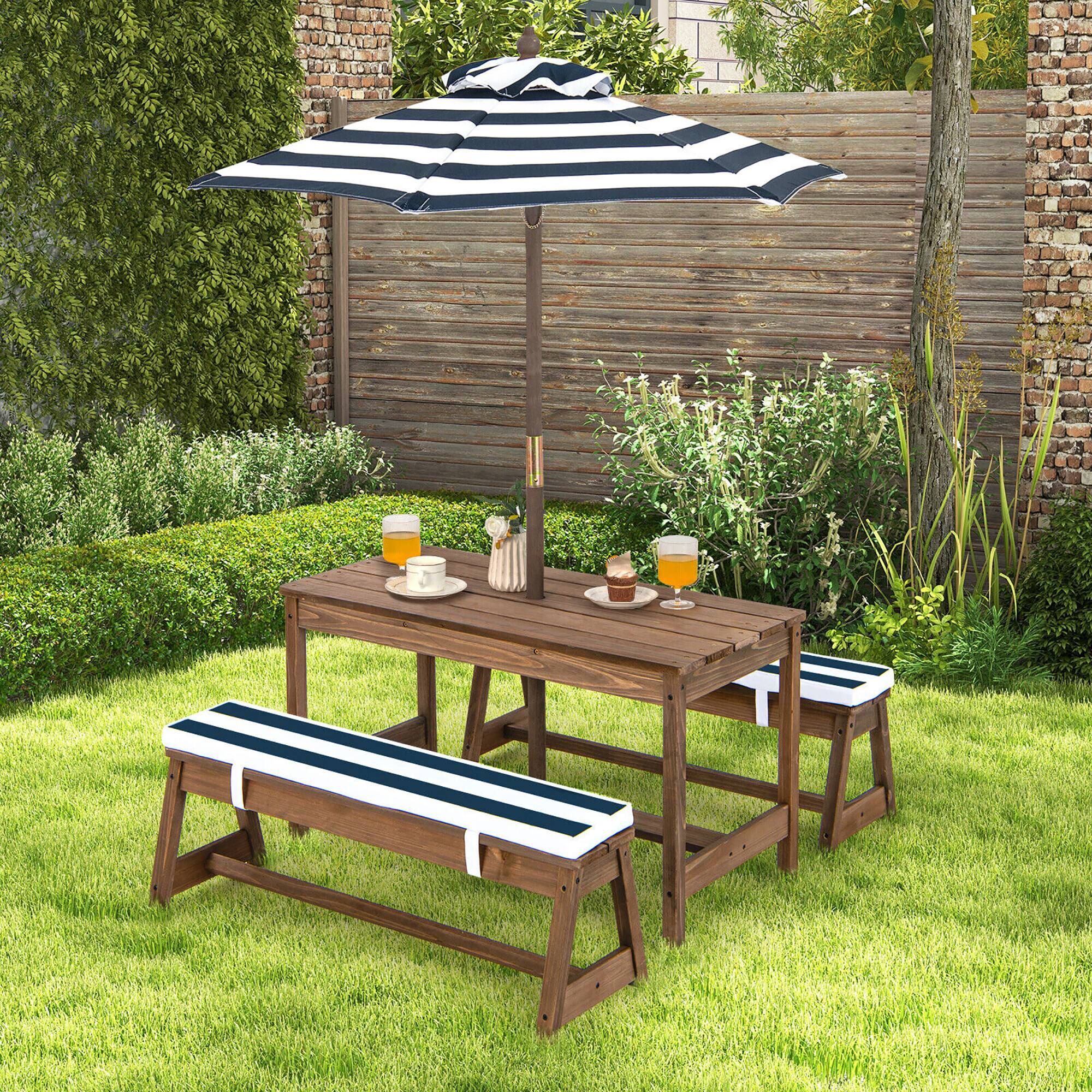 Alt View 2. Gymax - Gymax Kids Wood Picnic Table and Bench Set w/ Cushions Umbrella for Indoor Outdoor Blue - Blue.