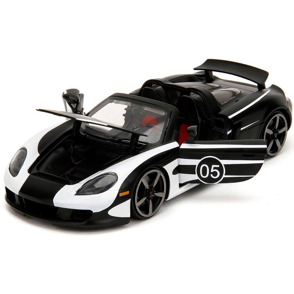 Angle. Jada - Porsche Carrera GT Convertible #05 Black with White Graphics "Hyper-Spec" Series 1/24 - Black and White.