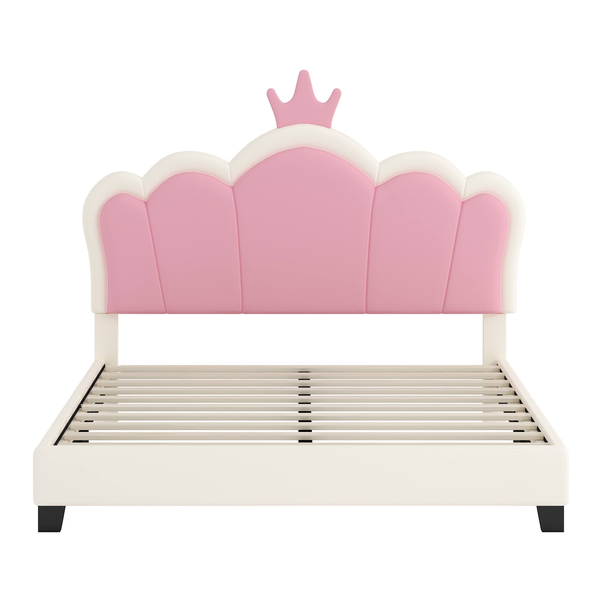 Alt View 2. GOODSILO - Full Size Upholstered Princess Bed with Crown Headboard and Footboard Platform Bed Frame - Cream.