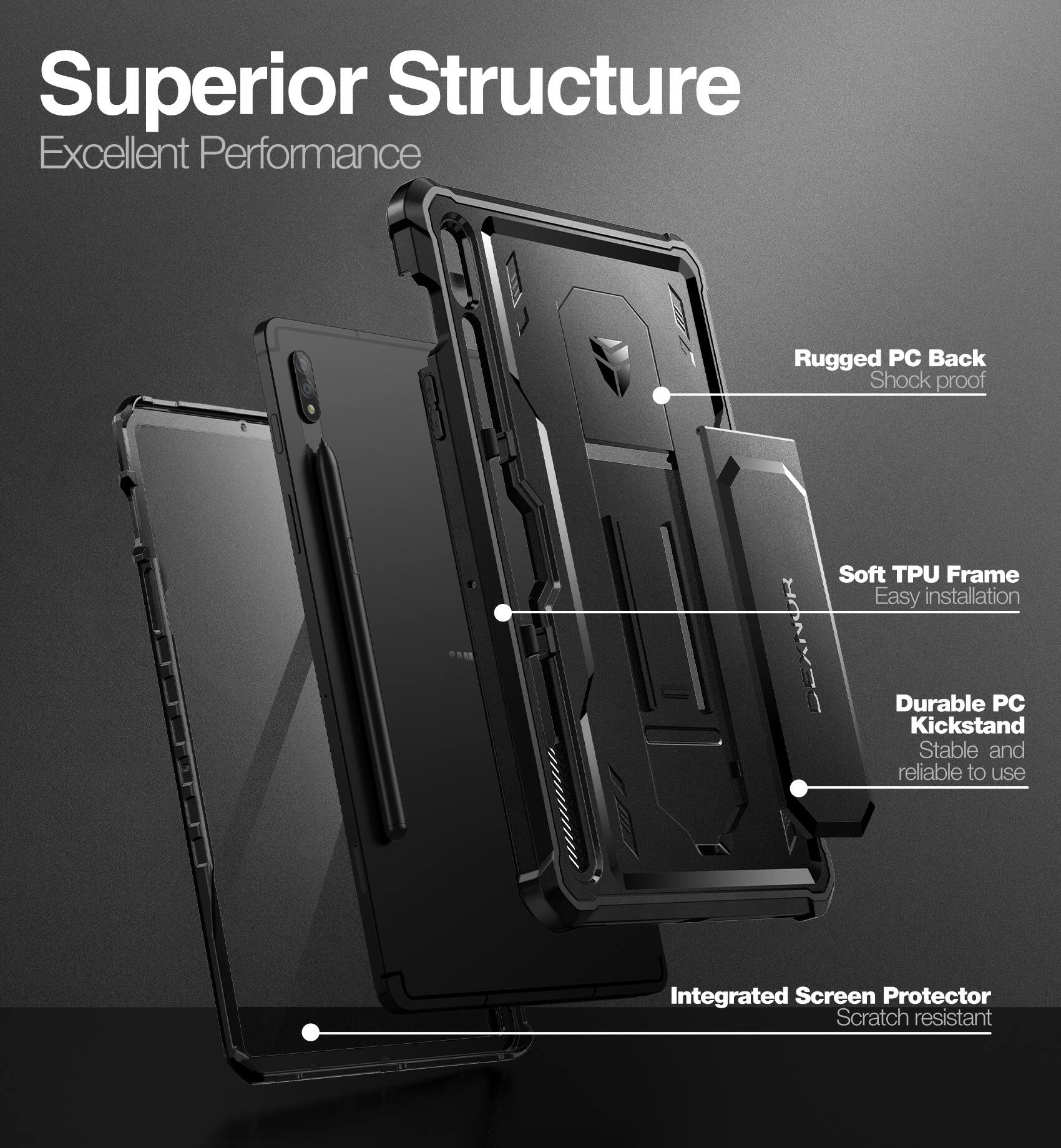 Superior Structure  
Excellent Performance

- Rugged PC Back  
  Shock proof

- Soft TPU Frame  
  Easy installation

- Durable PC Kickstand  
  Stable and reliable to use

- Integrated Screen Protector  
  Scratch resistant