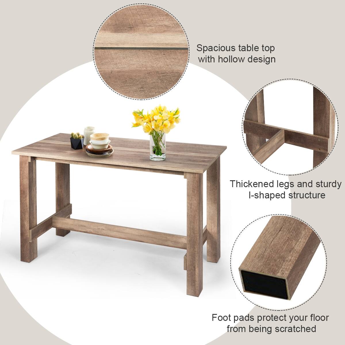 Spacious table top with hollow design, Thickened legs and sturdy I-shaped structure, Foot pads protect your floor from being scratched