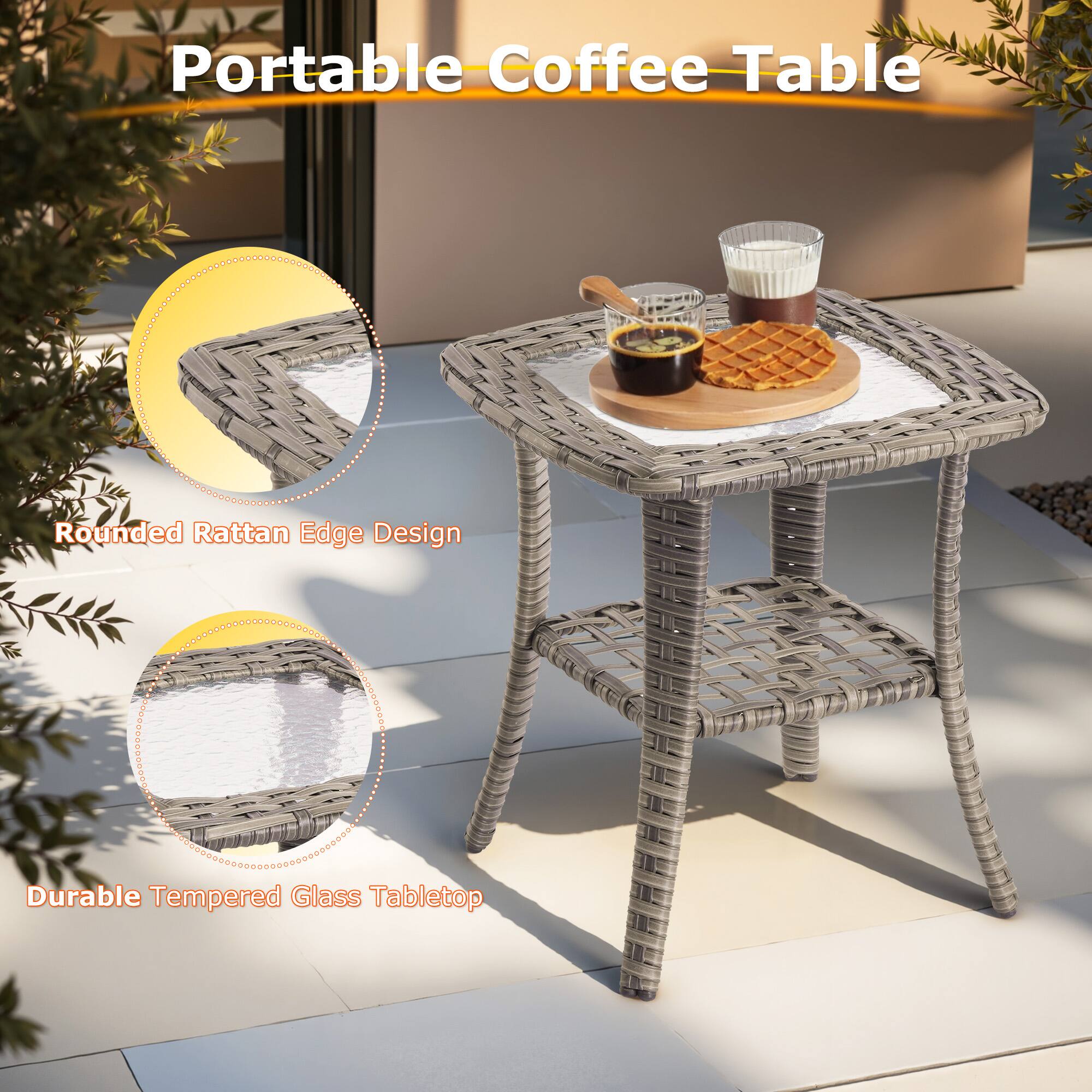 Portable Coffee Table

Rounded Rattan Edge Design

Durable Tempered Glass Tabletop