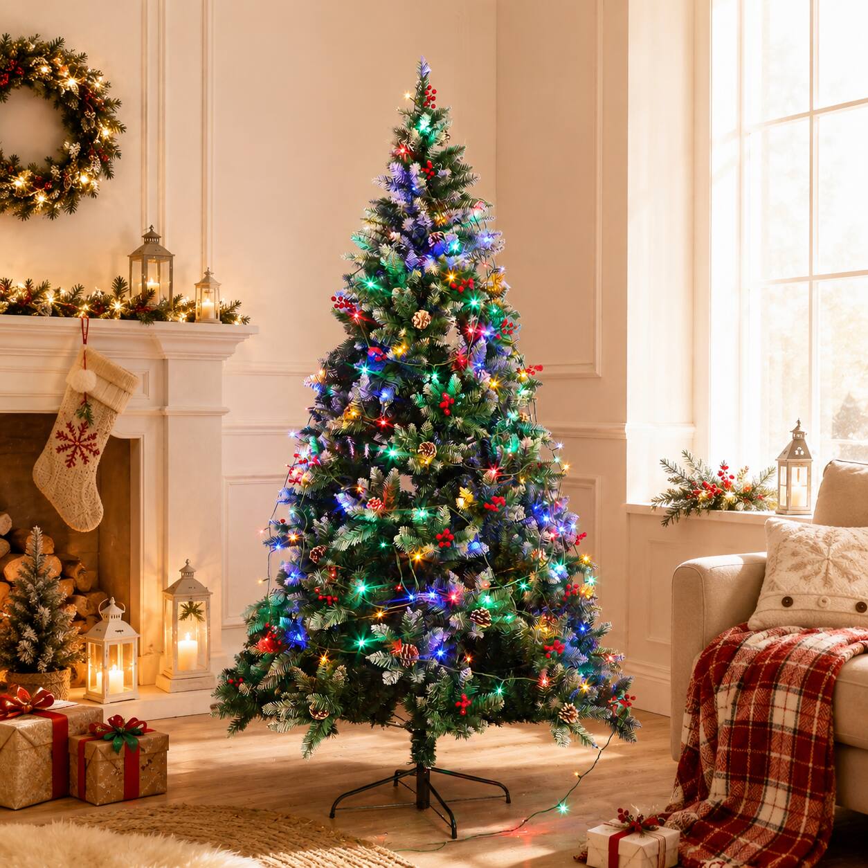Front. Jandcase - 7.5ft Christmas Tree Artificial Full Xmas Trees with 200pcs LED,Green, for Holiday,Home,Office,Party Decoration, 1358 - Army Green.