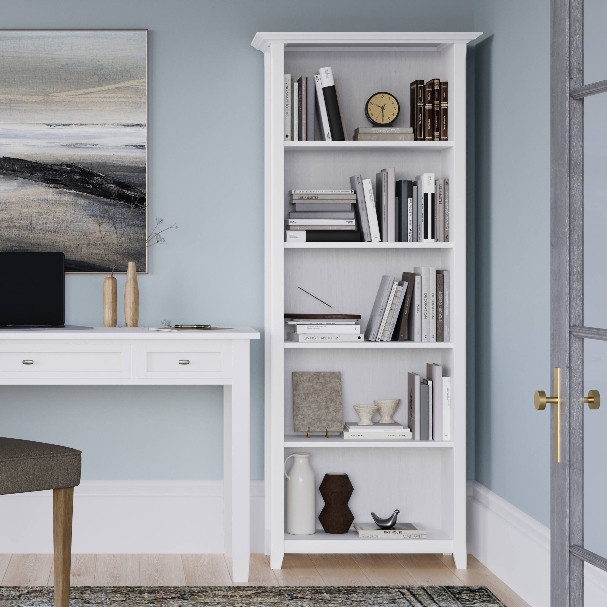 Angle. Simpli Home - Acadian 72 inch Tall Solid Wood 5 Shelf Bookcase in White - White.