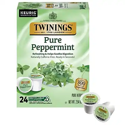 KEURIG GENUINE K-CUP
TWININGS
EST. 1706 LONDON
Pure Peppermint
Refreshing & Helps Soothe Digestion
Naturally Caffeine-Free. Ready in Seconds!
24 RECYCLABLE K-CUPS
300 Years of Expertise
PURE HERB
NET WT. 2.54 oz
TWININGS Pure Peppermint