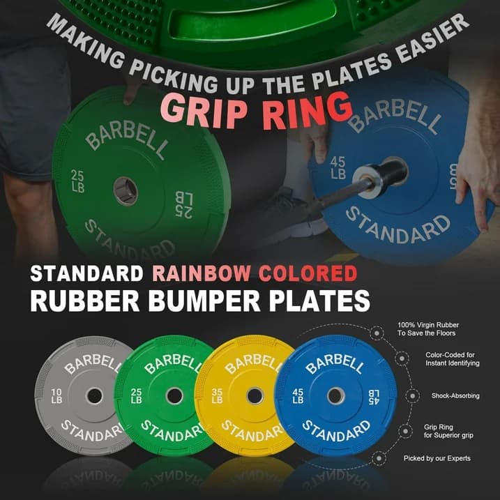 MAKING PICKING UP THE PLATES EASIER
GRIP RING
STANDARD RAINBOW COLORED RUBBER BUMPER PLATES
- 10 LB
- 25 LB
- 35 LB
- 45 LB
100% Virgin Rubber To Save the Floors
Color-Coded for Instant Identifying
Shock-Absorbing
Grip Ring for Superior Grip
Picked by our Experts