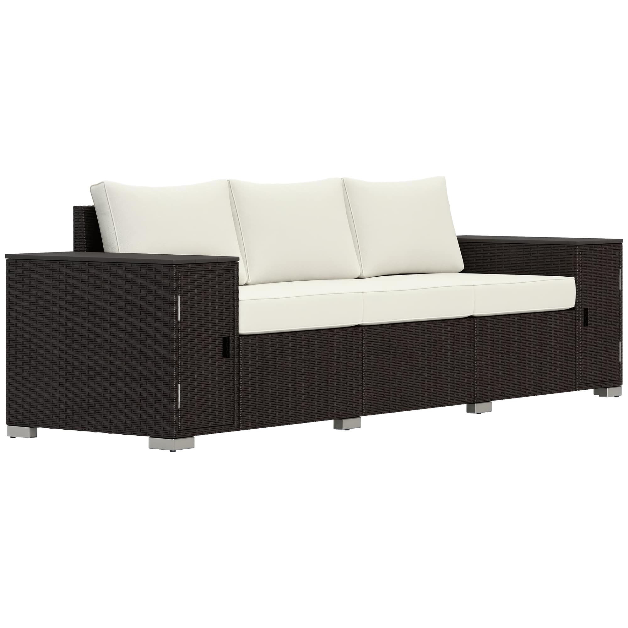 Outsunny - Seater Wicker Outdoor Couch Patio Sofa with Storage, Thickened Cushions and Wide Armrests for Porch Yard - Cream White/Brown