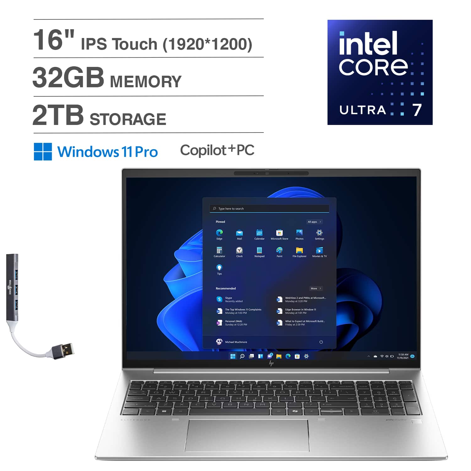 HP- Upgraded- EliteBook 860 Laptop 16.0 WUXGA (Intel Ultra 7 155U, 32GB DDR5, 2TB PCIe SSD, Win 11 Pro) w/USB Hub- Silver