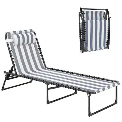 Front. Outsunny - Folding Chaise Lounge Chair, Patio Sun Tanning Chair, Outdoor Chaise Lounger with 4-Position Reclining Back - Blue and White.