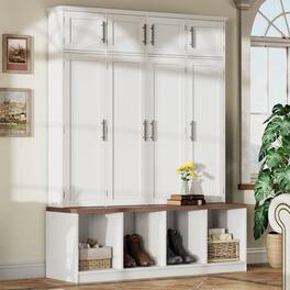 Loheer - Farmhouse Hall Tree with Bench, Entryway Shoe Cabinet, Tall Organizer - White
