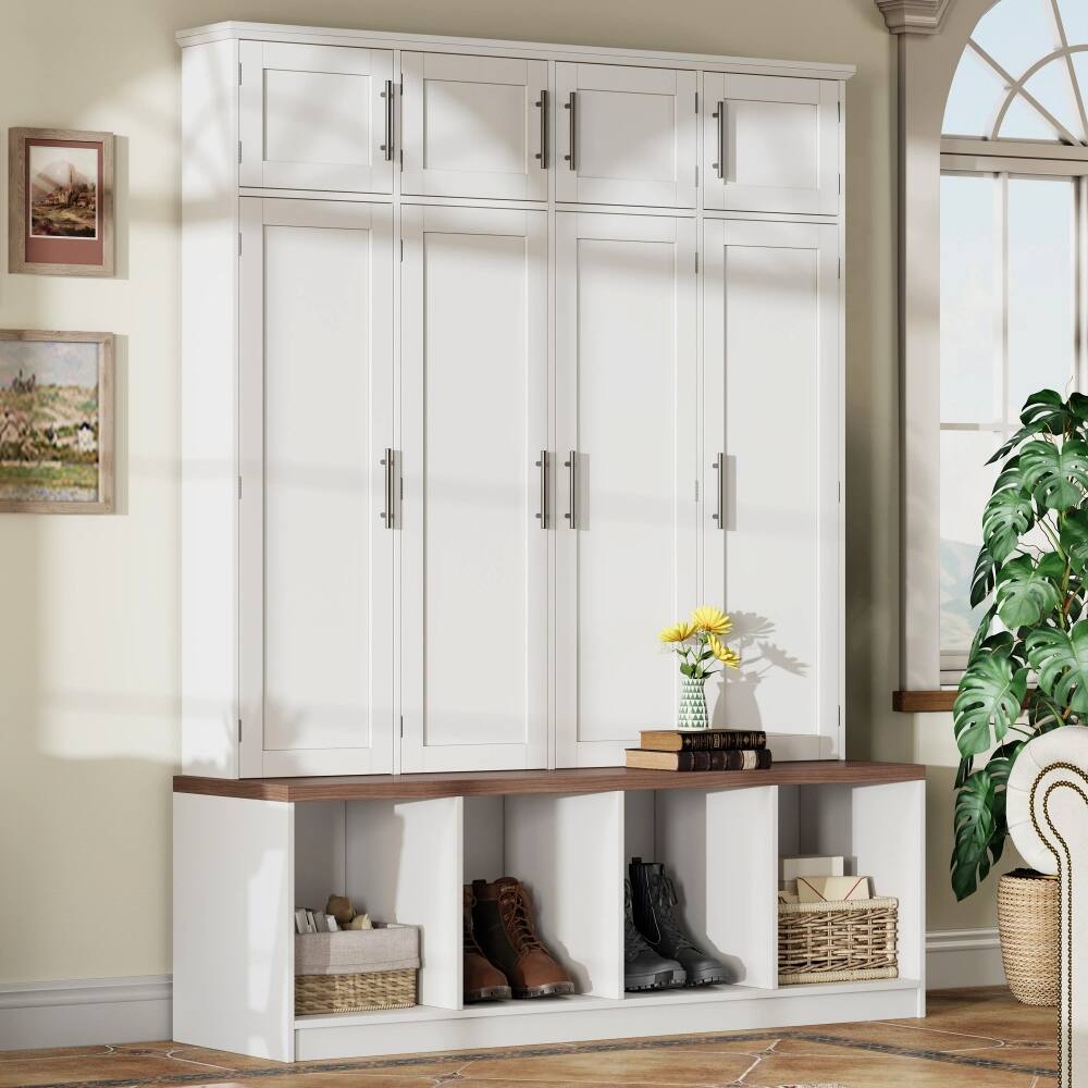 Front. Loheer - Loheer Farmhouse Hall Tree with Bench, White Entryway Shoe Cabinet, Tall Organizer - White.