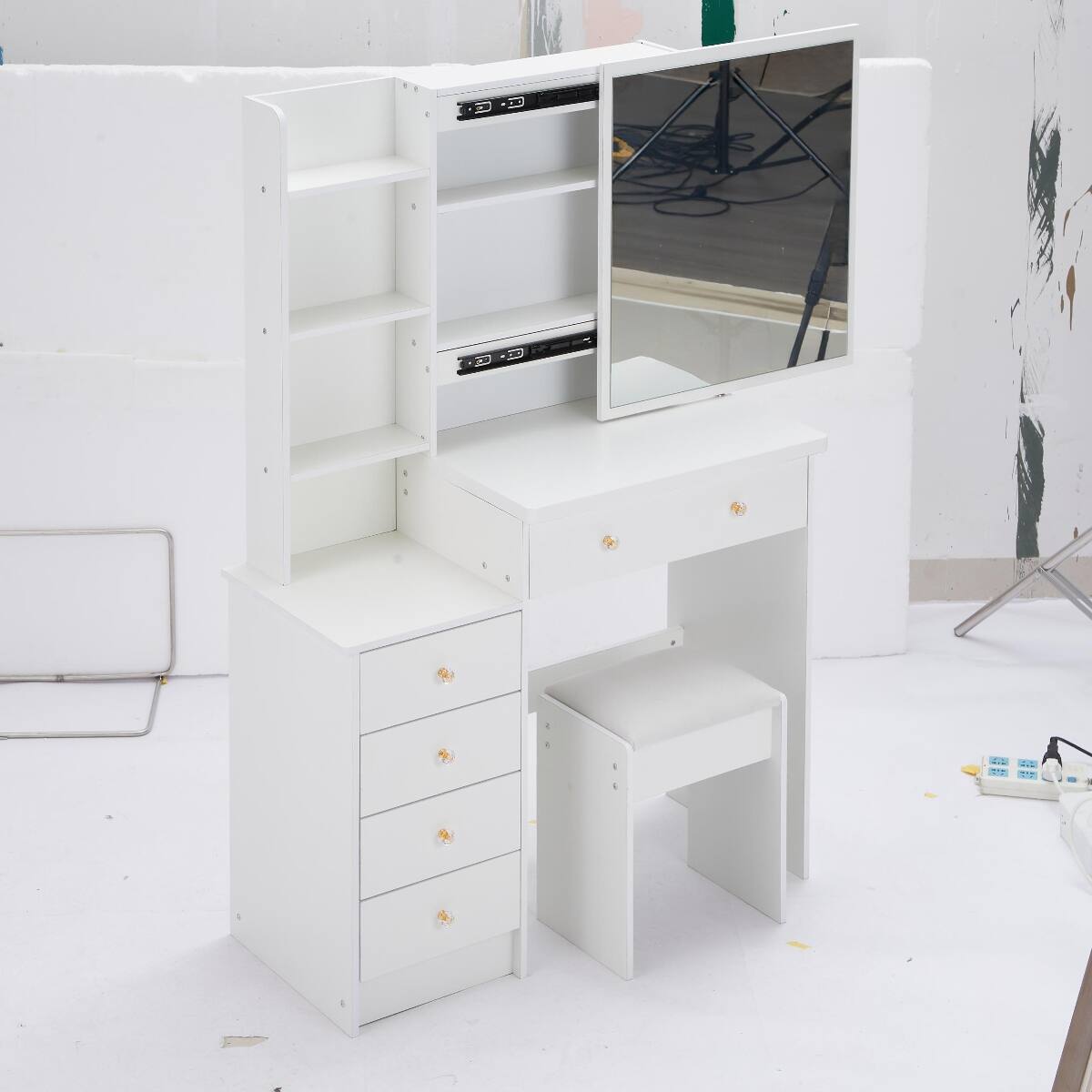 Alt View 3. Loheer - Loheer 37 inch makeup vanity with stool, sliding mirror and layered storage - White.