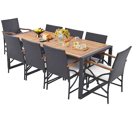 Front. Gymax - Gymax 9 PCS Patio Rattan Dining Set w/ Acacia Wood Table 1.9'' Umbrella Hole - Mix Brown, Off White.