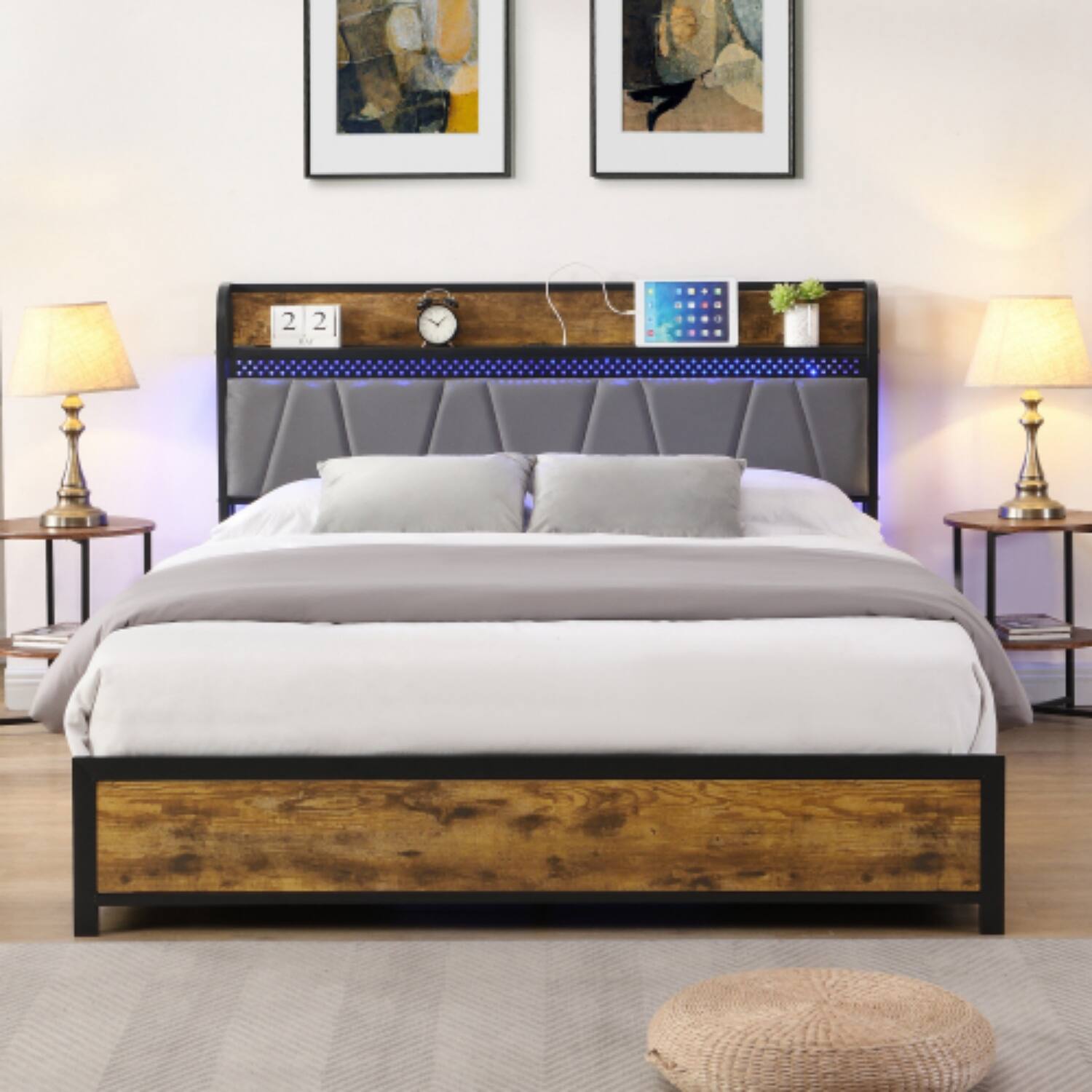 Angle. LUCKY ONE - Full Size Platform Bed Frame with USB Outlets and RGB Lights, 4 Storage Drawers, Heavy Duty Metal Slats - Black+Brown+Grey.