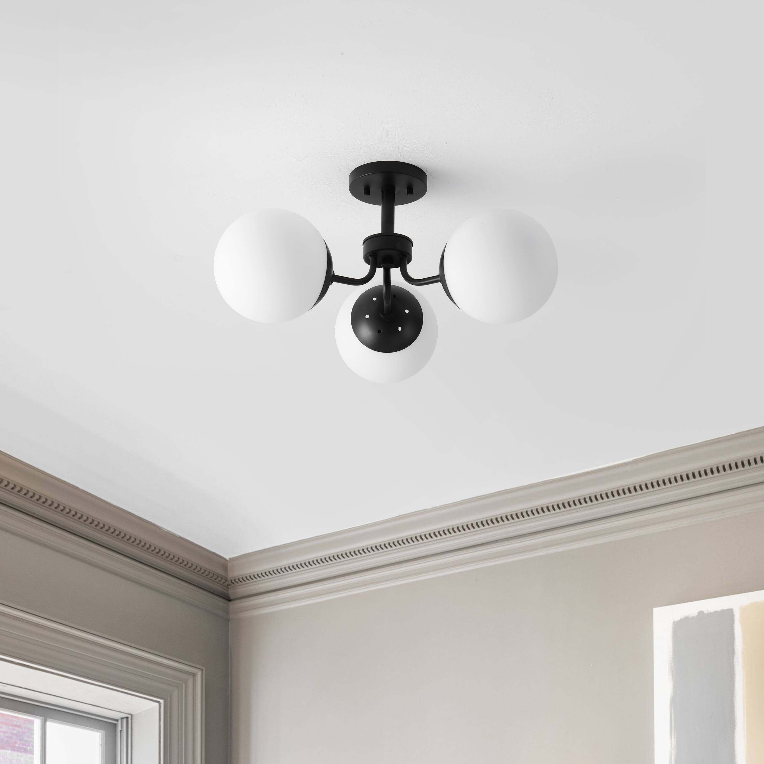 Alt View 5. Jonathan Y - Olivier 23.5" 3-Light Bohemian Farmhouse Iron/Frosted Glass LED Semi Flush Mount, Black - Black.