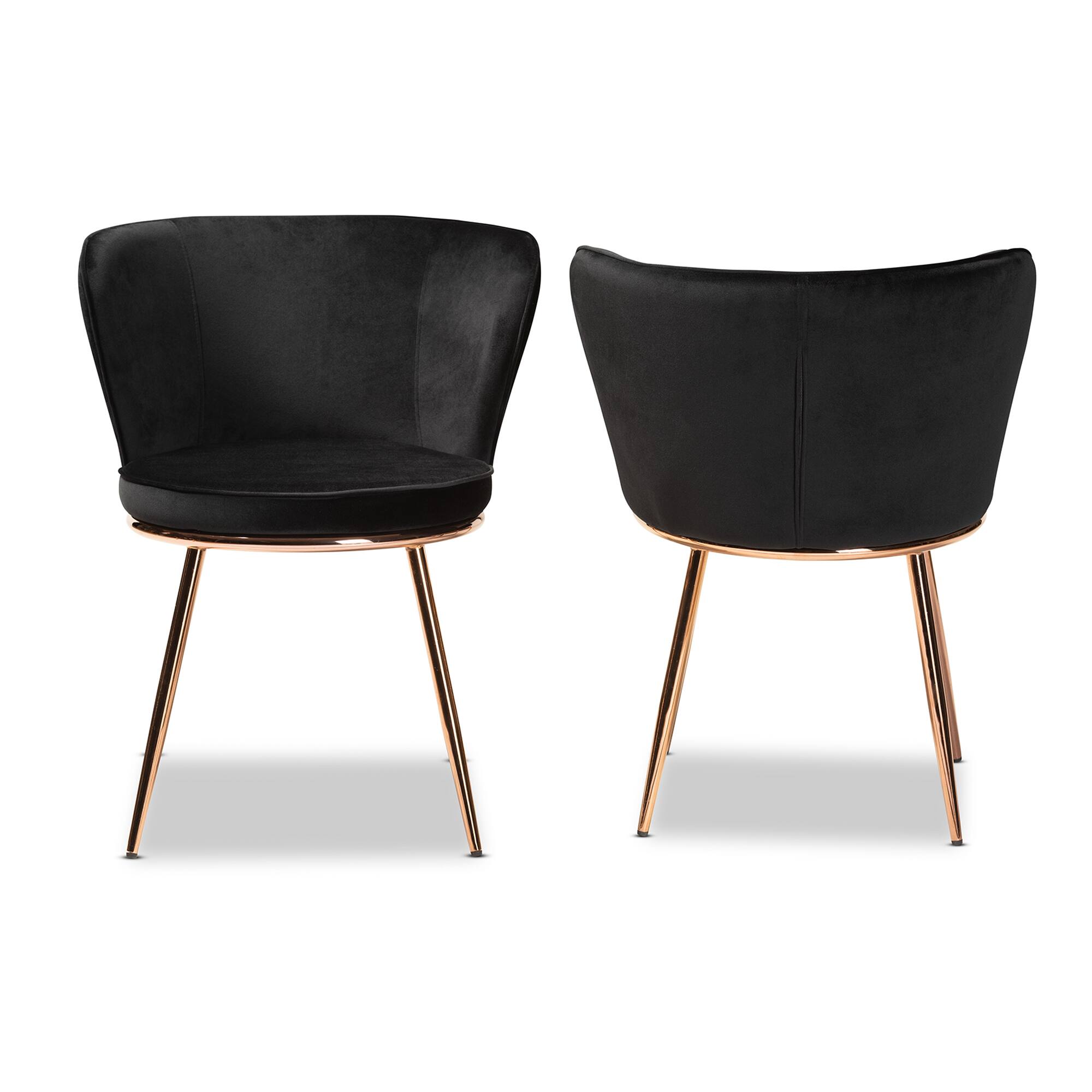 Angle. Baxton Studio - Farah Modern Glam Velvet Fabric Upholstered and Rose Gold Finished Metal 2-Piece Dining Chair Set - Black/Rose Gold.