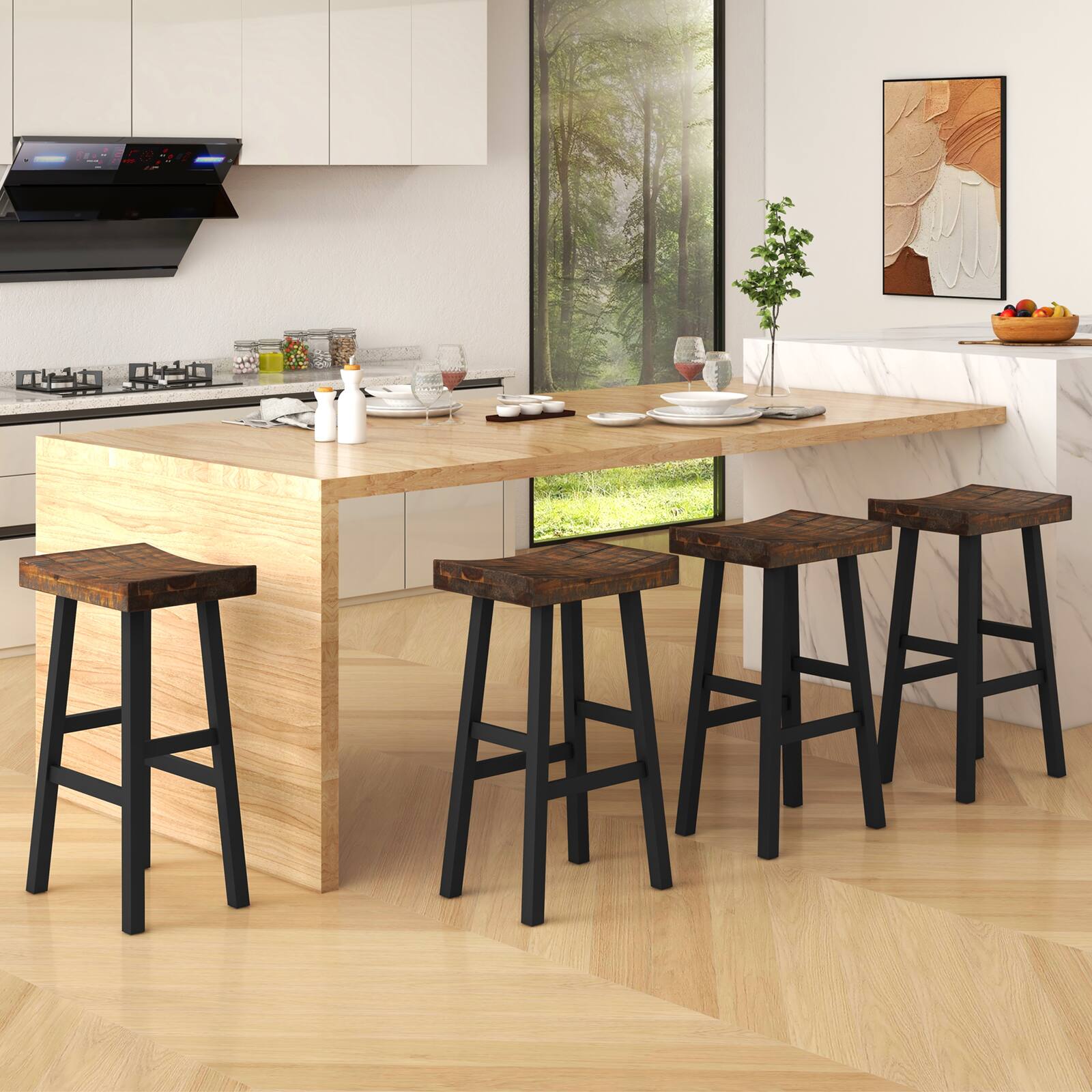 Alt View 1. Gymax - Gymax 29 Inch Bar Stools Set of 4 Bar Height Barstools w Saddle Seat - Brown, Black.