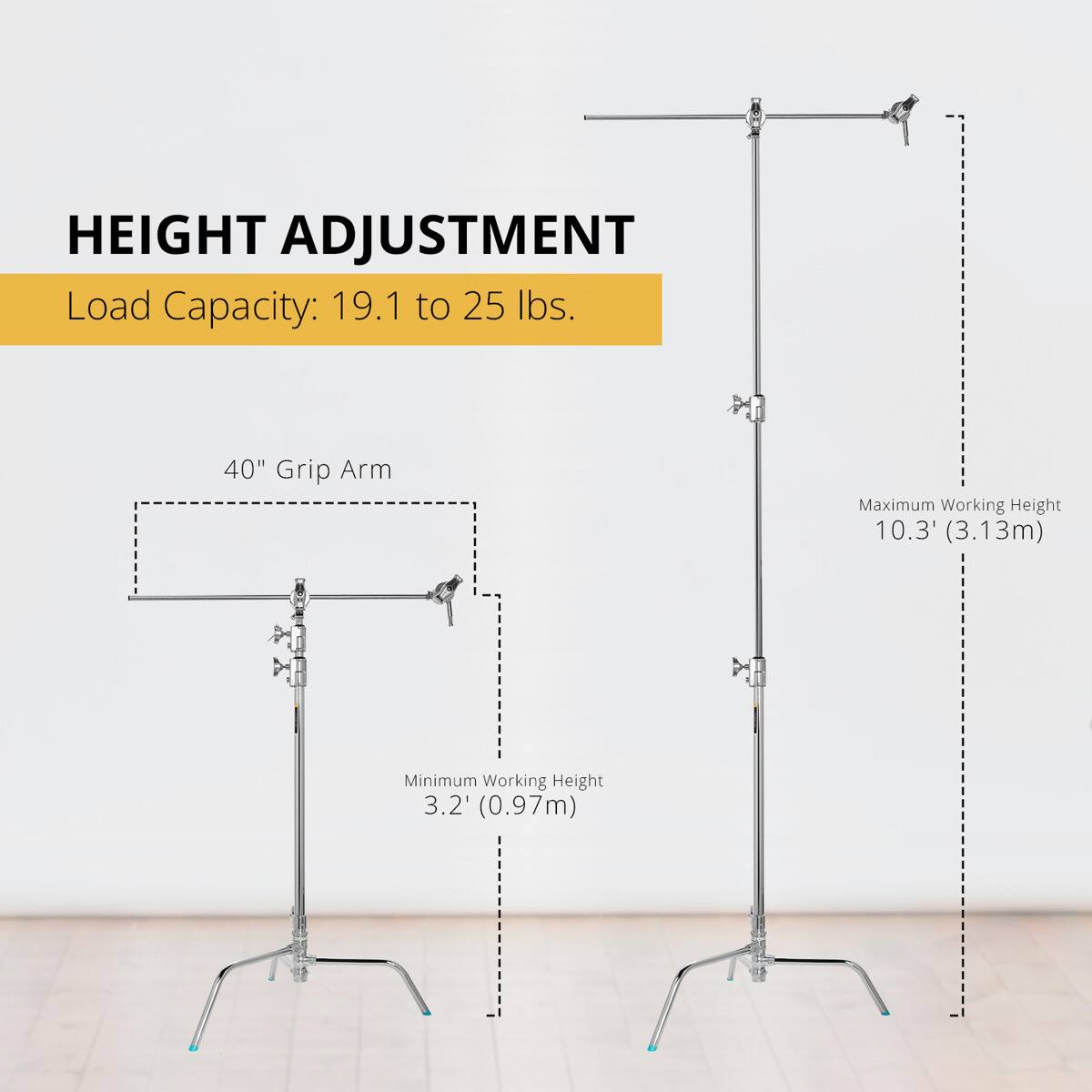 HEIGHT ADJUSTMENT  
Load Capacity: 19.1 to 25 lbs.  
40" Grip Arm  
Maximum Working Height: 10.3' (3.13m)  
Minimum Working Height: 3.2' (0.97m)