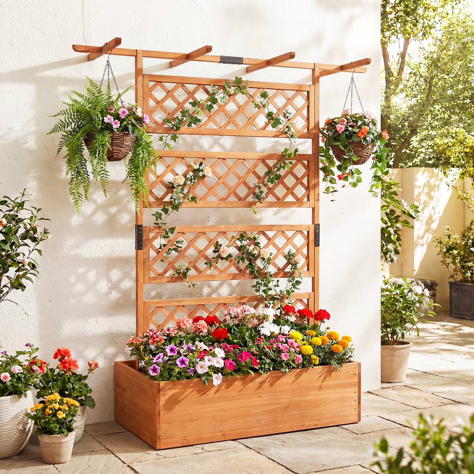 Alt View 3. Gymax - Gymax 2PCS Wooden Planter Box w/Lattice Trellis Flat Roof Drainage for Climbing Plant Orange - Orange.