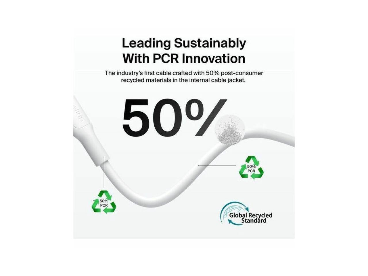 Leading Sustainably With PCR Innovation  
The industry's first cable crafted with 50% post-consumer recycled materials in the internal cable jacket.  
50% PCR  
Global Recycled Standard