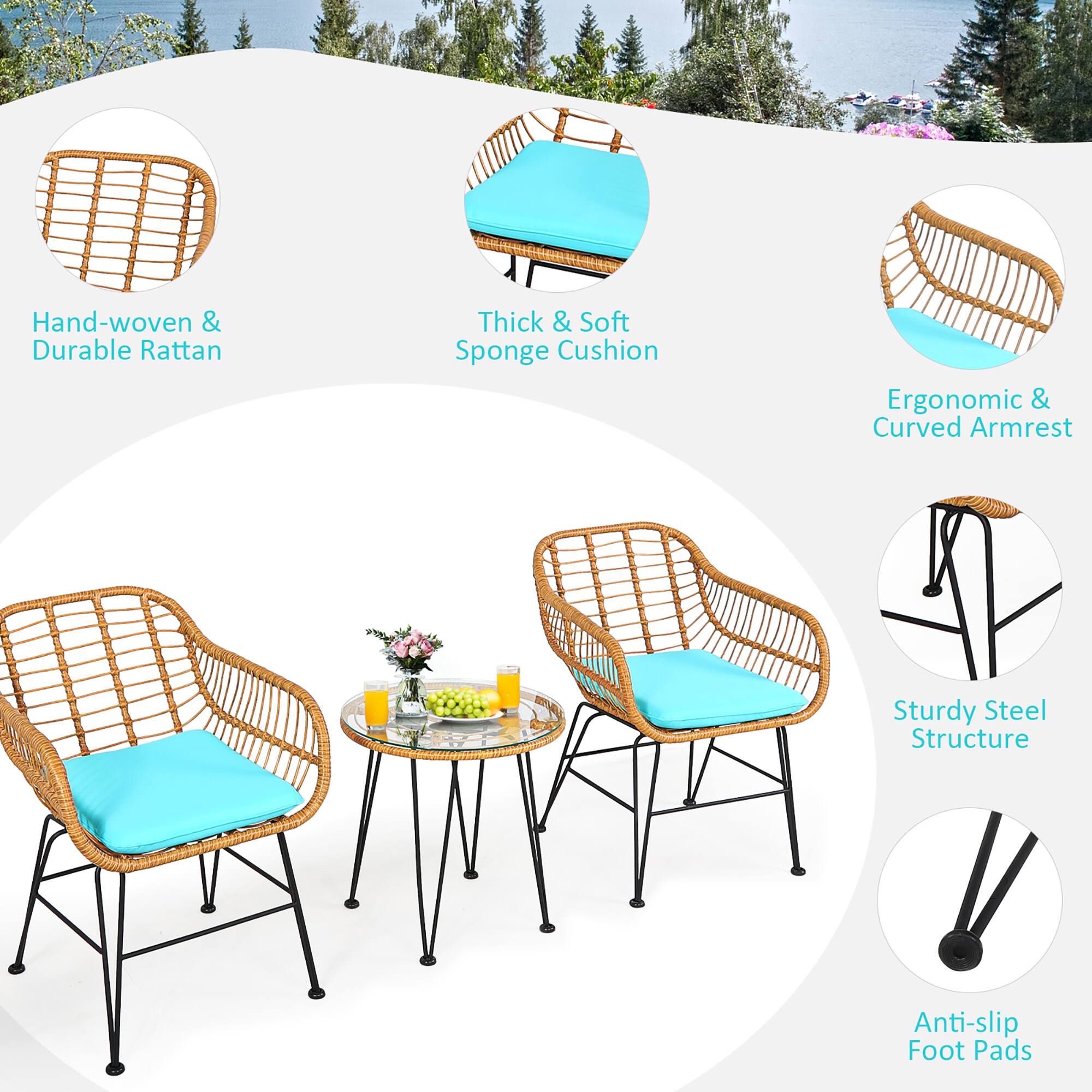 Hand-woven & Durable Rattan, Thick & Soft Sponge Cushion, Ergonomic & Curved Armrest, Sturdy Steel Structure, Anti-slip Foot Pads