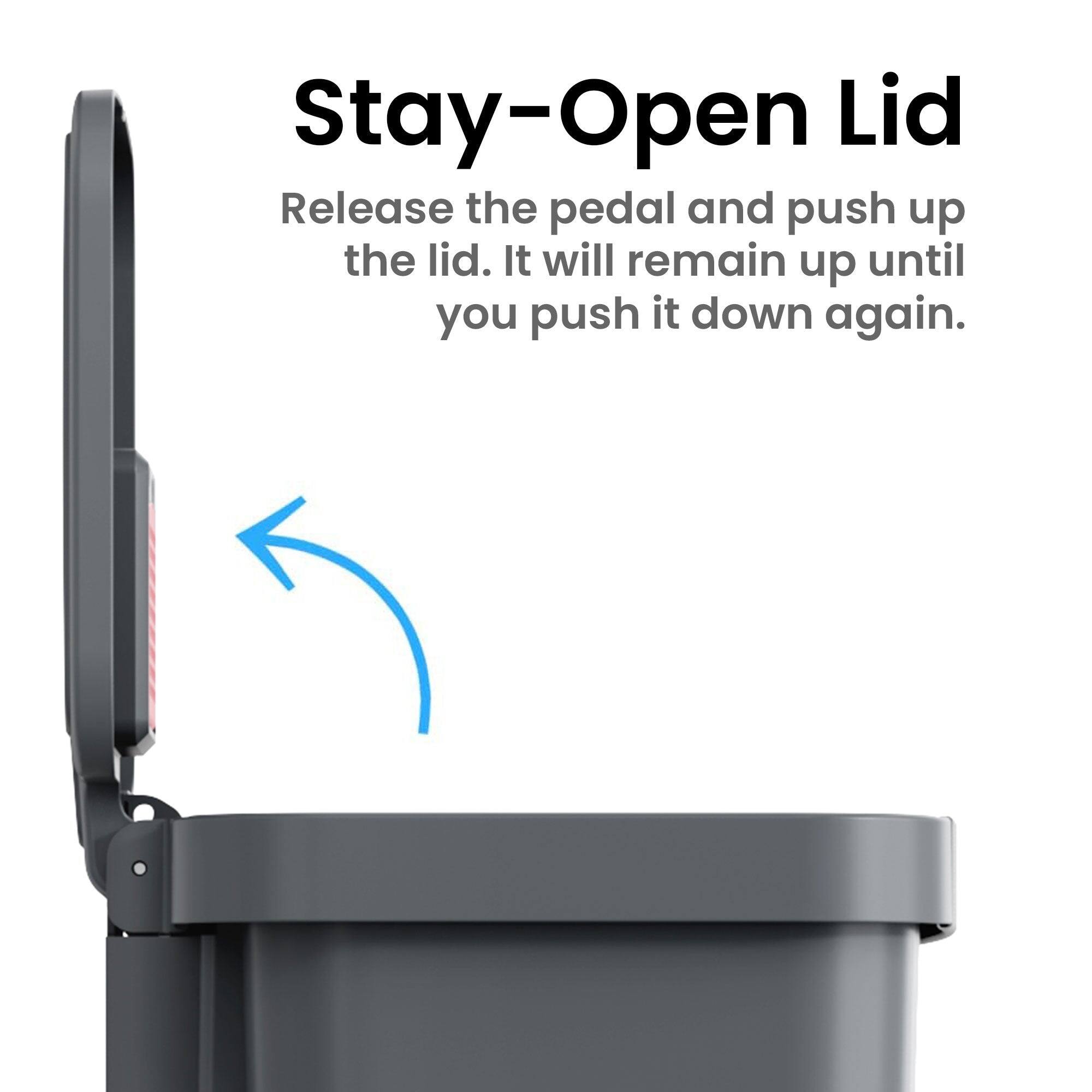 Stay-Open Lid

Release the pedal and push up the lid. It will remain up until you push it down again.