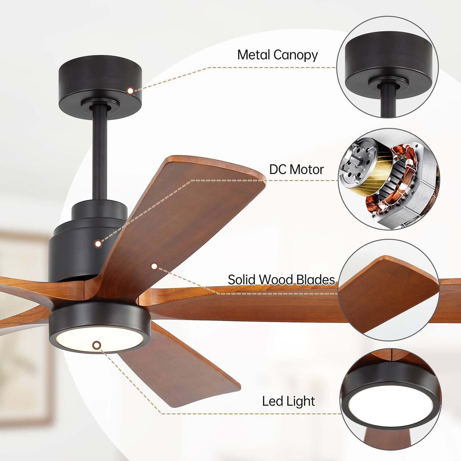 Metal Canopy  
DC Motor  
Solid Wood Blades  
Led Light