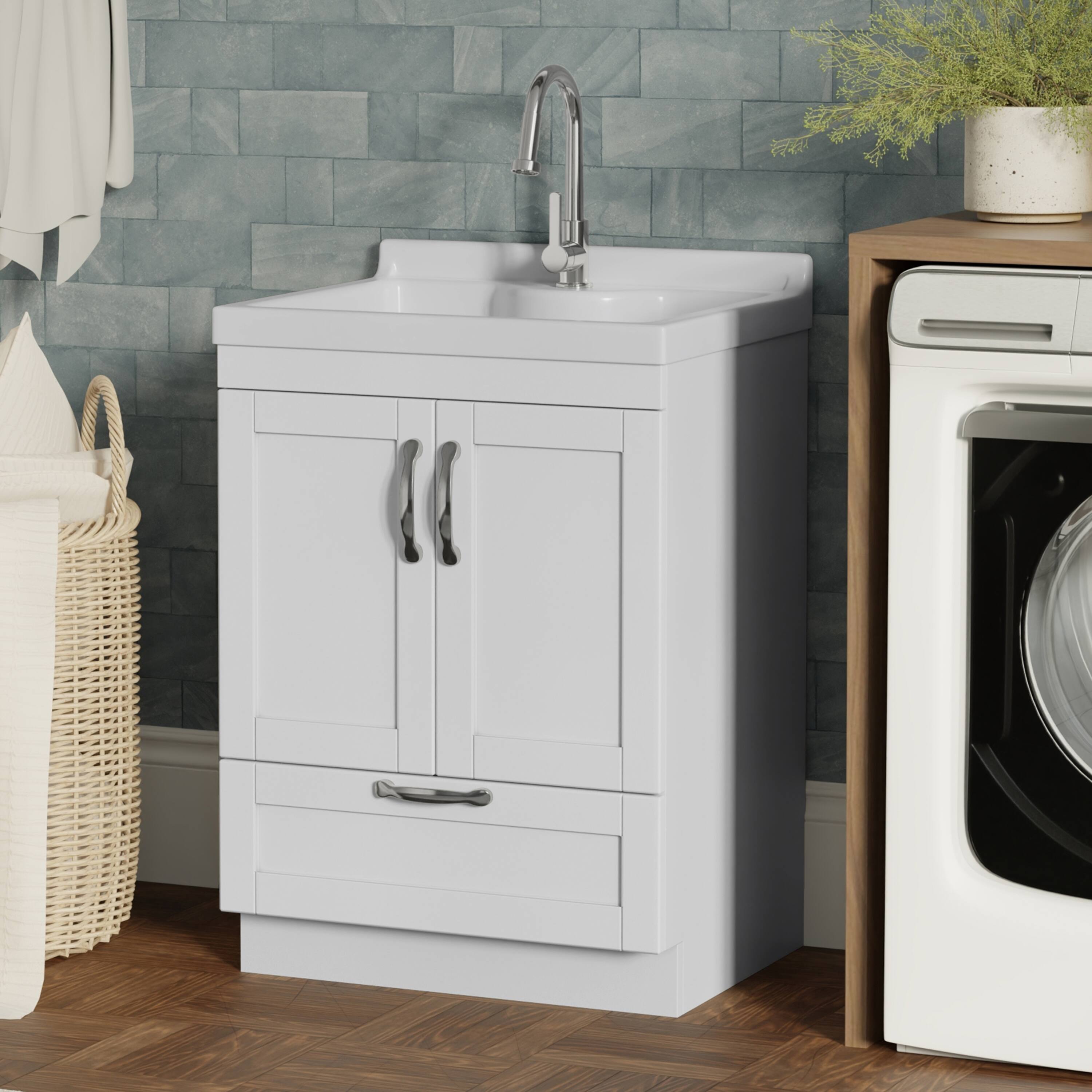 Angle. Simpli Home - Maile All-In-One 24-inch Laundry Utility Sink and Cabinet - Pure White.