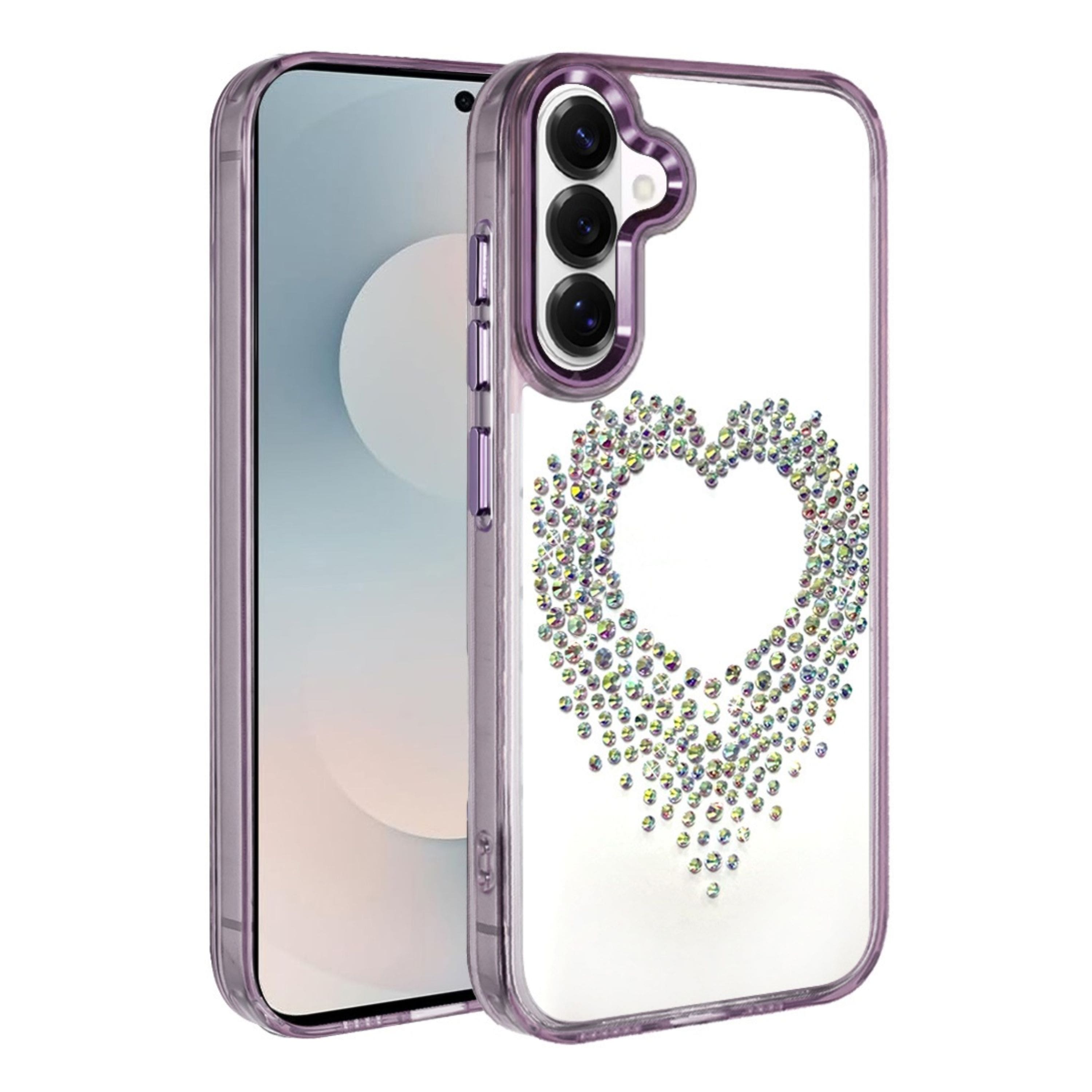 Kitcheniva - Heart Shaped Rhinestones Clear Phone Case With Tempered Glass For Samsung Galaxy S26 - Purple