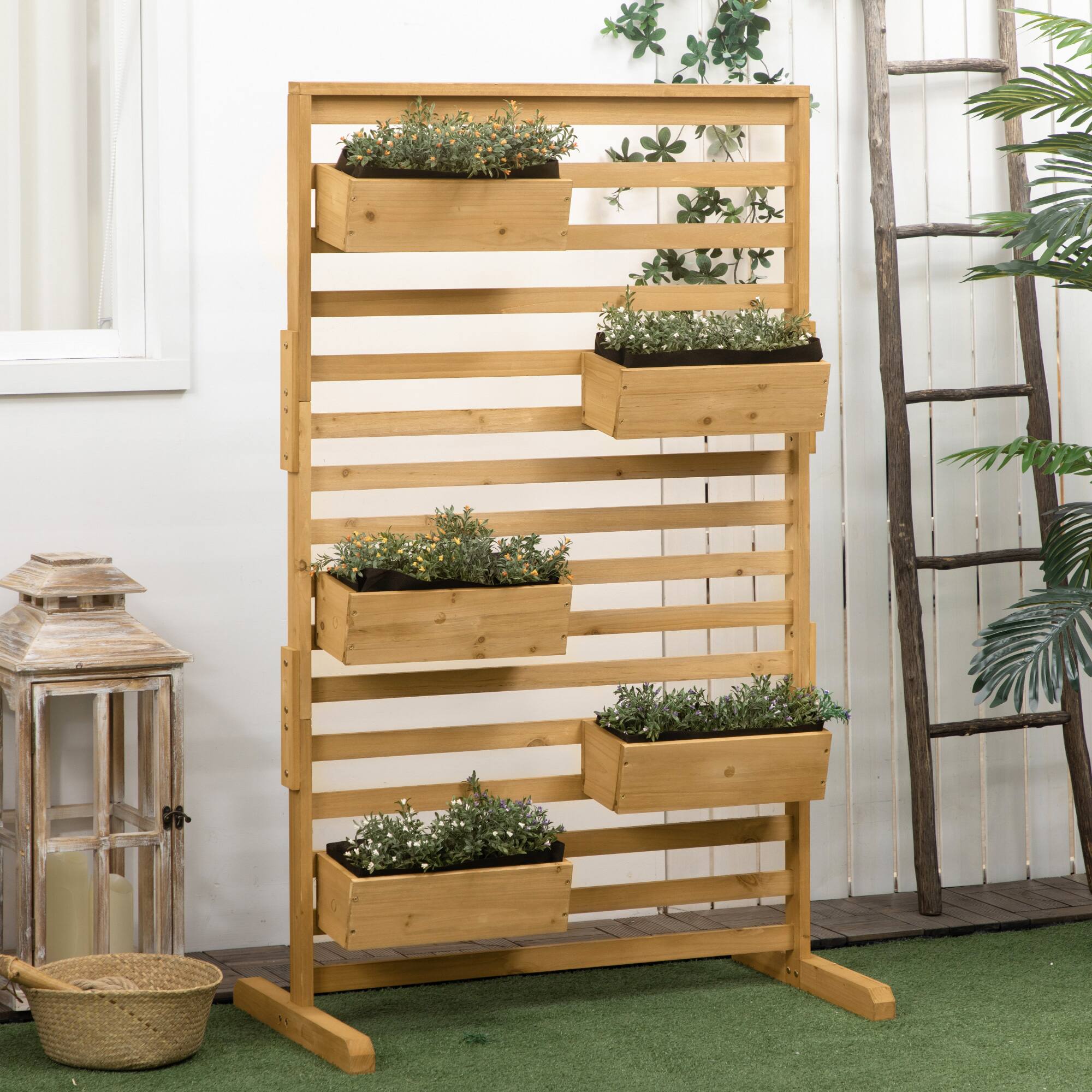 Alt View 1. Outsunny - Wooden Plant Trellis Stand with 5 Hanging Planter Boxes, Freestanding Outdoor Plant Stand for Patio - Natural Wood.