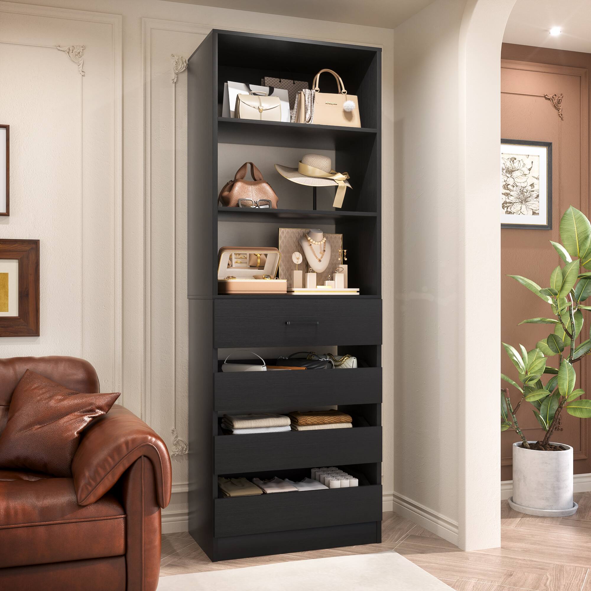 Back. Aheaplus - Space-Saving Modular Closet Organizer - 4 Drawers, Adjustable Shelves Cabinet, Easy Assembly Tall Wardrobe - Black.