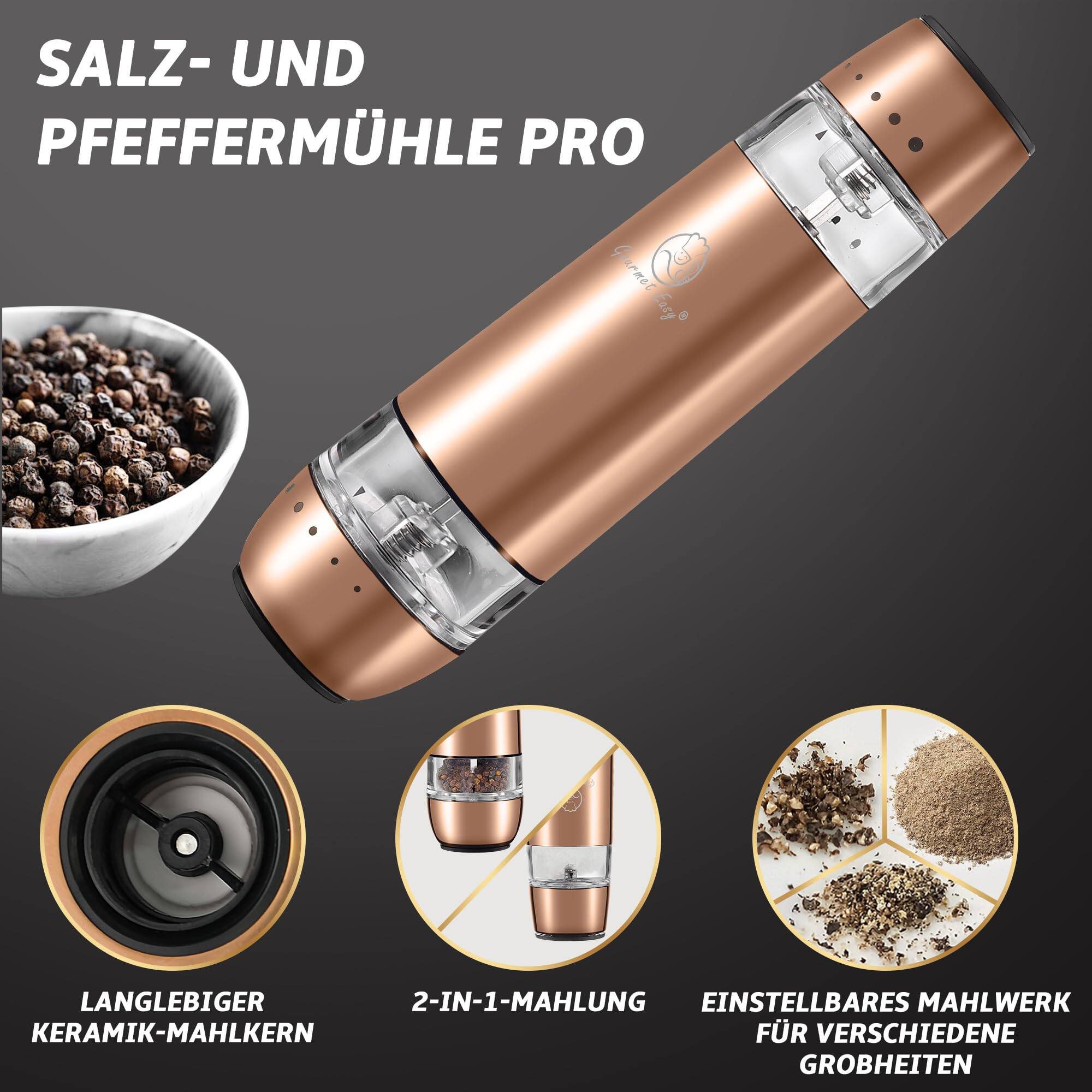 SALZ- UND PFEFFERMÜHLE PRO

- LANGLEBIGER KERAMIK-MAHLKERN
- 2-IN-1-MAHLUNG
- EINSTELLBARES MAHLWERK FÜR VERSCHIEDENE GROBHEITEN
