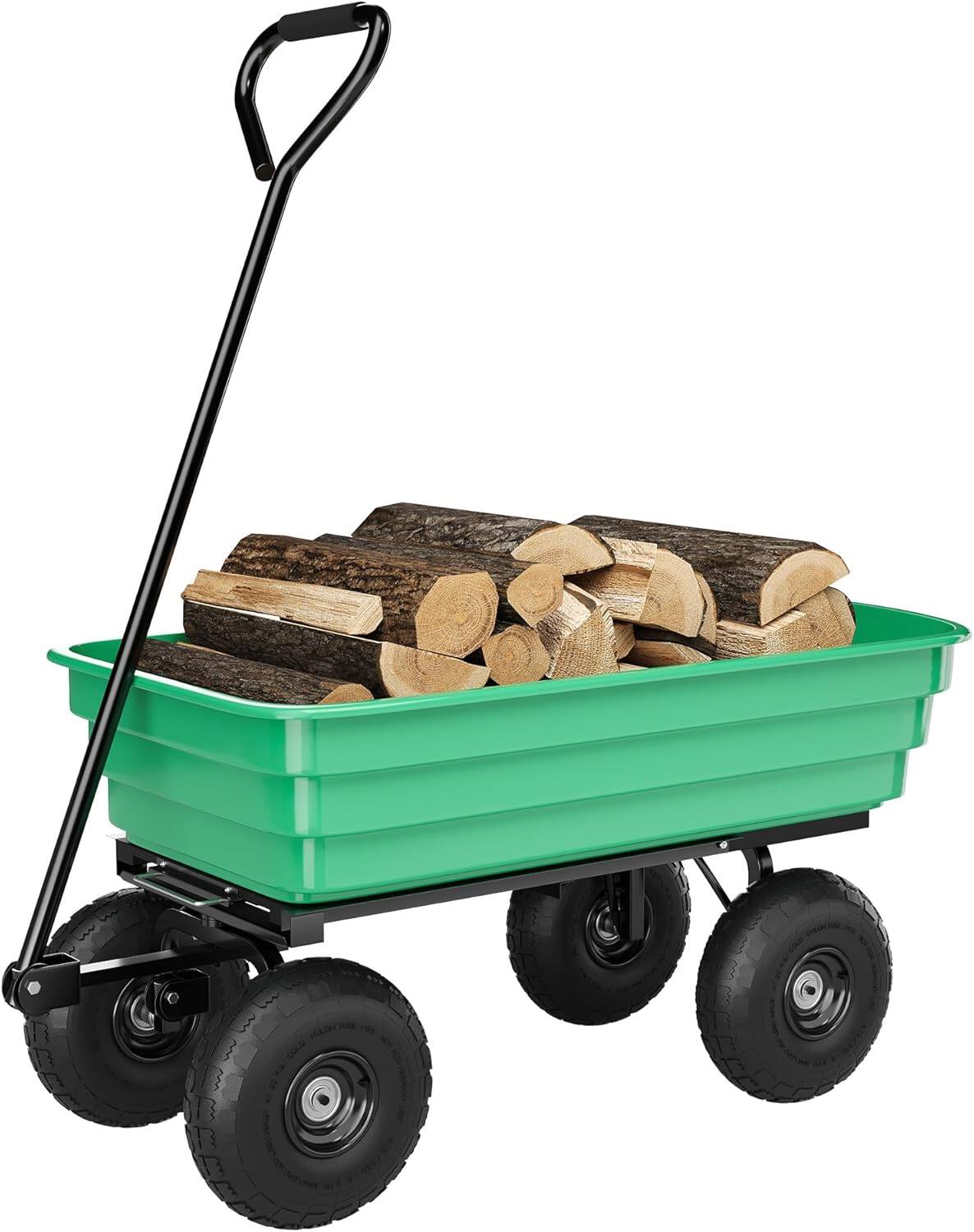 Acekool - Heavy Duty Garden Dump Cart, 1200 LBS Capacity, All-Terrain Wheels, Quick-Release, Steel & Poly Tray Cart - Green
