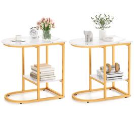 Gymax - 2PCS C-Shaped Side Table Compact 2-tier Storage End Table for Small Space - White