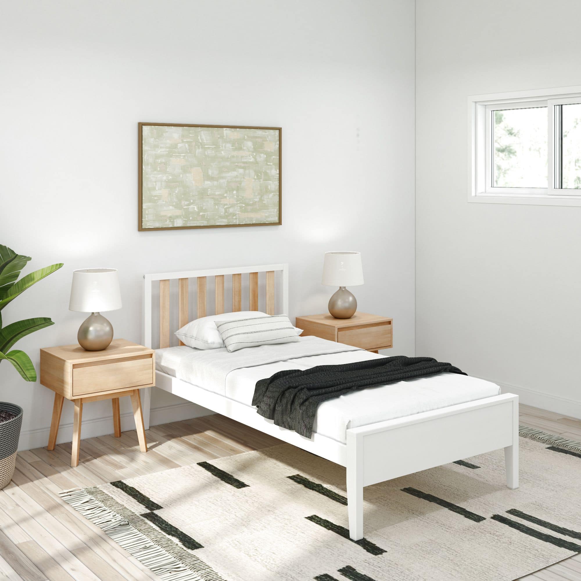 Plank+Beam - Scandinavian Twin-Size Bed with Slatted Headboard, White/Blonde - White/Blonde