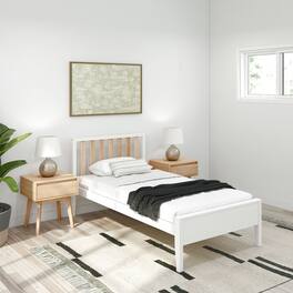 Plank+Beam - Scandinavian Twin-Size Bed with Slatted Headboard, White/Blonde - White/Blonde