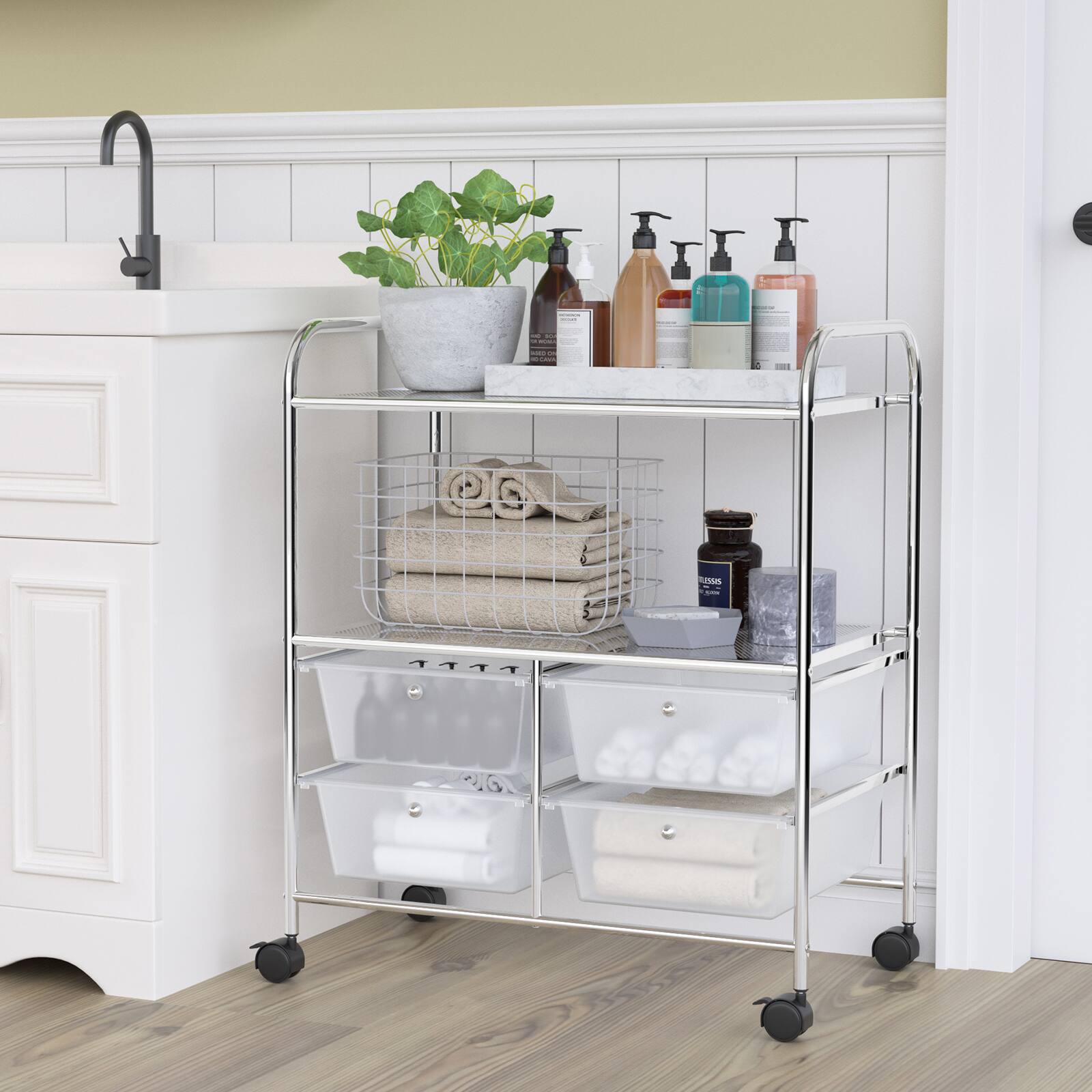 Alt View 4. Costway - 4 Drawer Rolling Storage Cart Scrapbook Paper Office School Organizer - Clear.