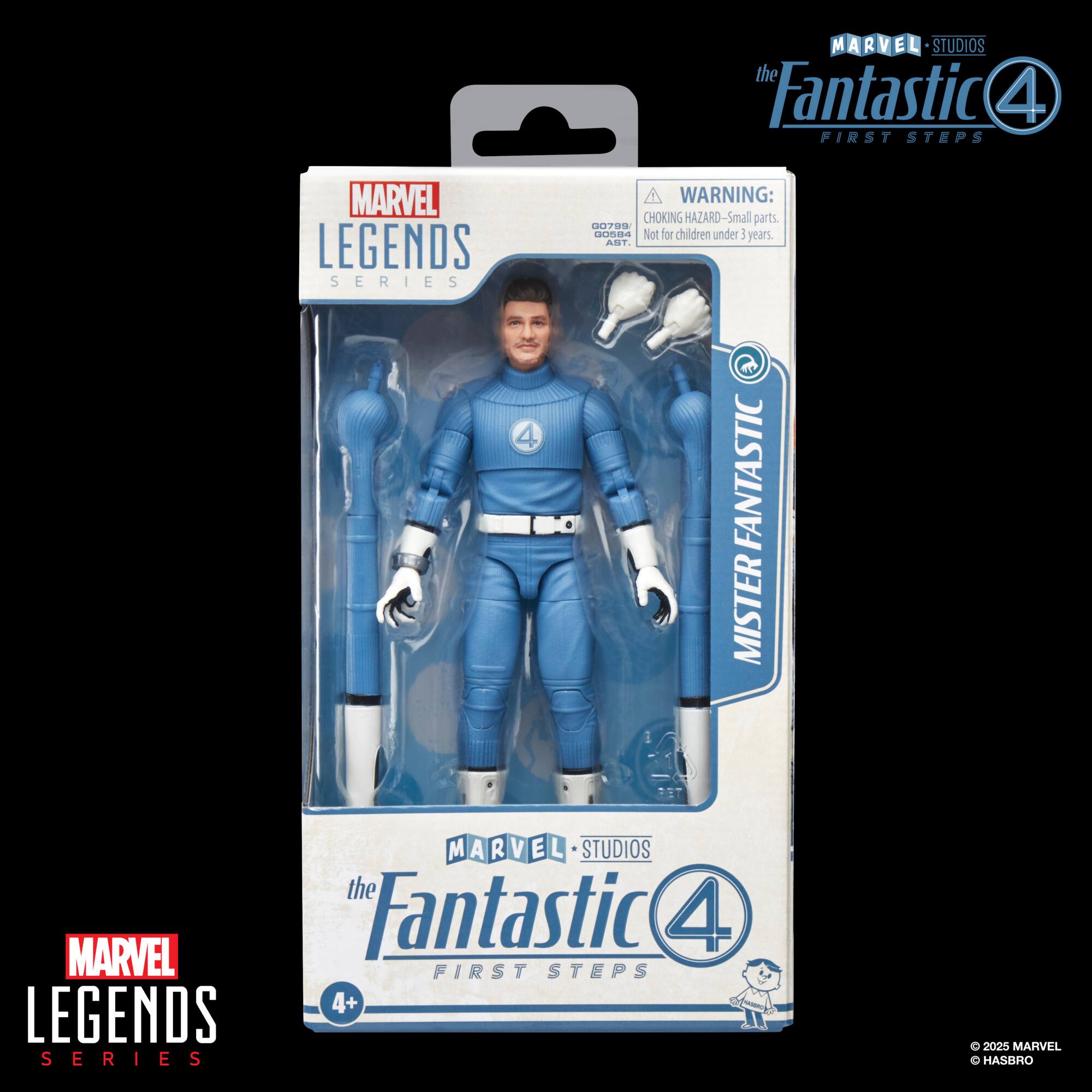The Fantastic 4 Marvel Legends Series is a toy set that includes a blue action figure of Mister Fantastic. The packaging warns that small parts may pose a choking hazard and is not suitable for children under 3 years old. The toy set is part of the Marvel Legends Series, which is designed for collectors and fans of the Marvel Comics universe.
